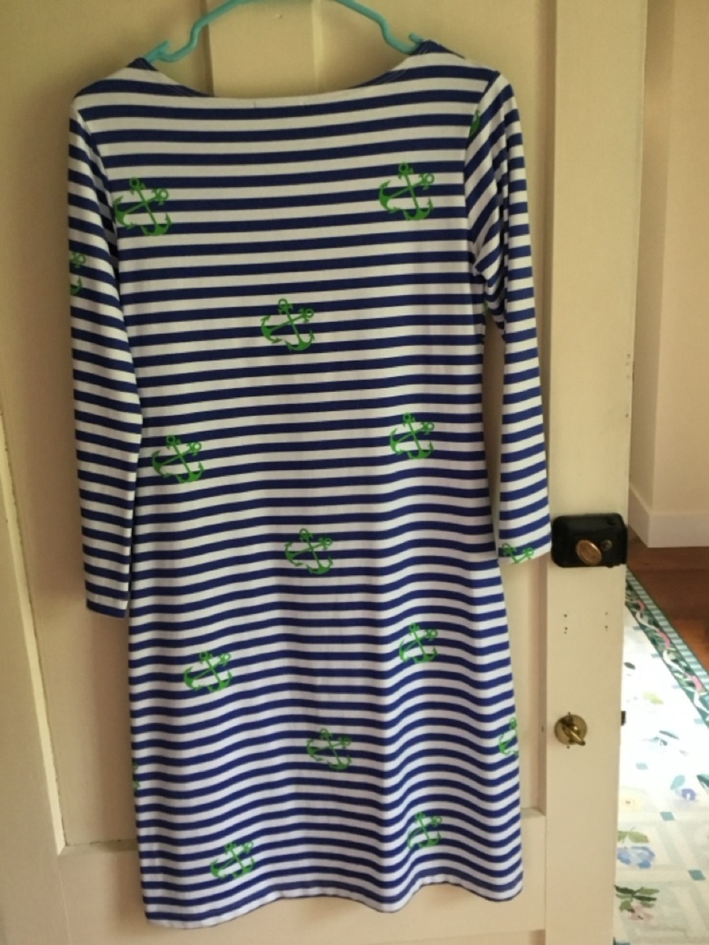 Melly M Blue & White Striped Long-Sleeve Dress with Green Anchor Print